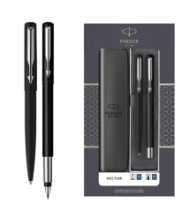 Set Parker Vector Metal Negru GT – stilou + pix, casetă cu fereastră și etui